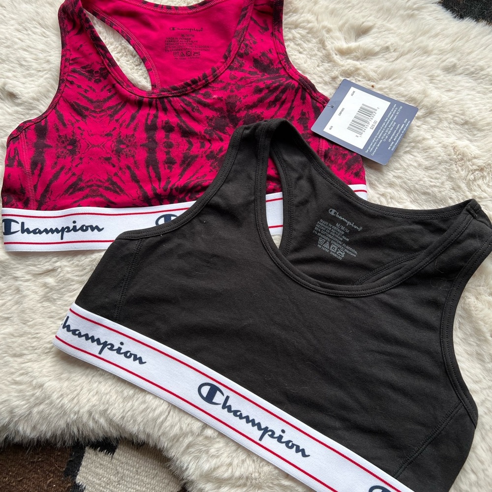 Champion cotton lounge / sport bras.  One solid black one magenta/black tie-dye.